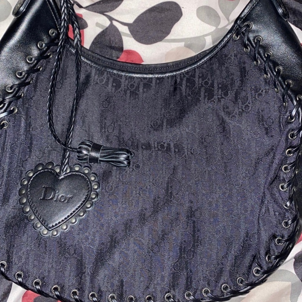 Dior Italy Black Nylon Leather Monogram Braided Shoulder Bag